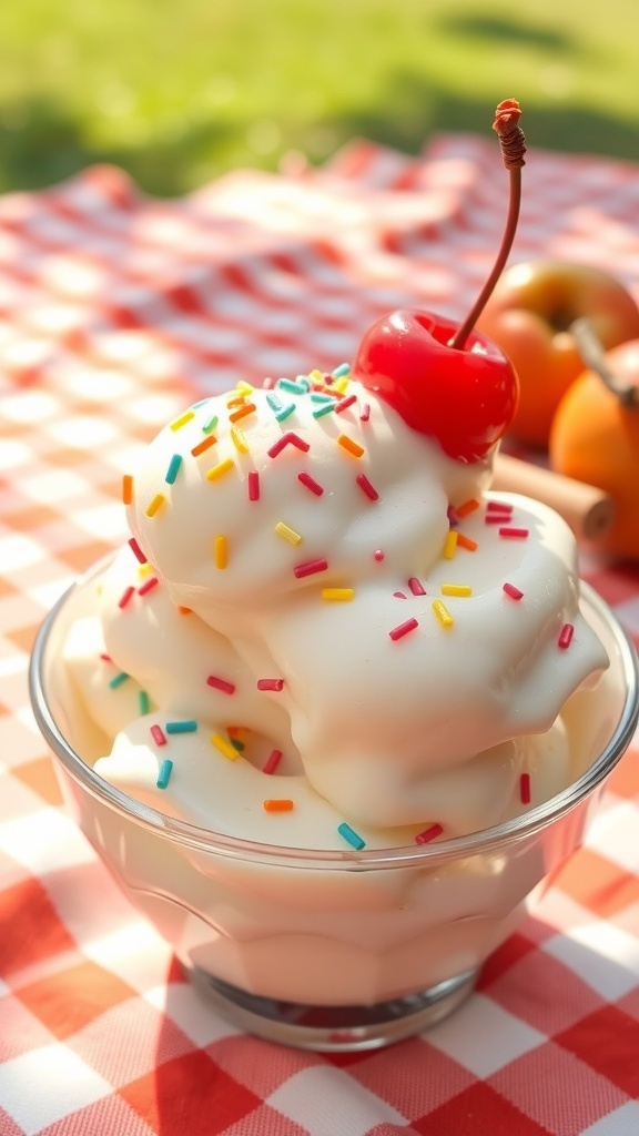 A bowl of vanilla ice cream with sprinkles and a cherry, on a picnic blanket.